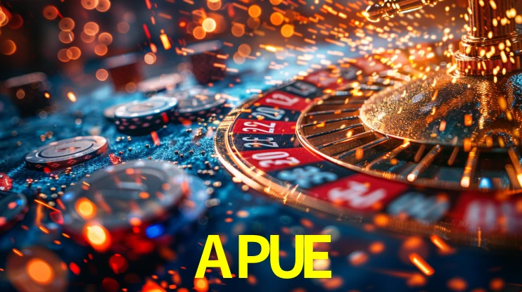 Una escena digital vívida inspirada en casino con APUE mostrado prominentemente, luces brillantes, fichas, cartas y acentos dorados.